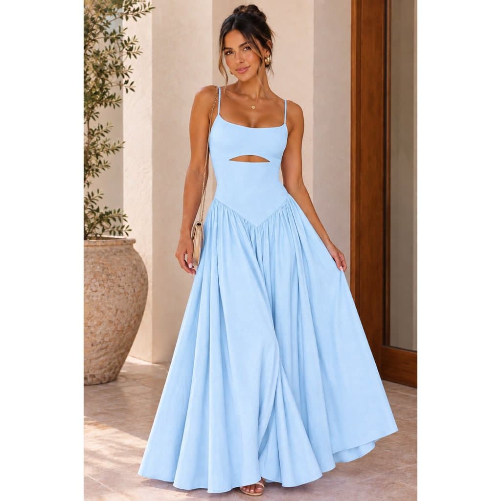 Vestido Longo Feminino com Recorte na Cintura Alças Finas Elegante