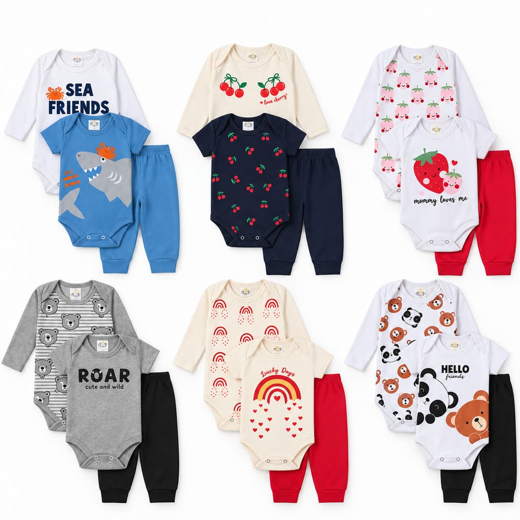 Kit Body Enxoval Atacado Menino e Menina - 6 Peças Confortáveis para Bebês