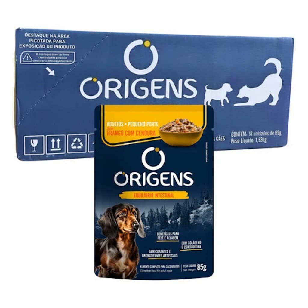 Sachês Origens Para Cachorro Adulto Porte Pequeno Frango com Cenoura 85g Ração Úmida 18X85G