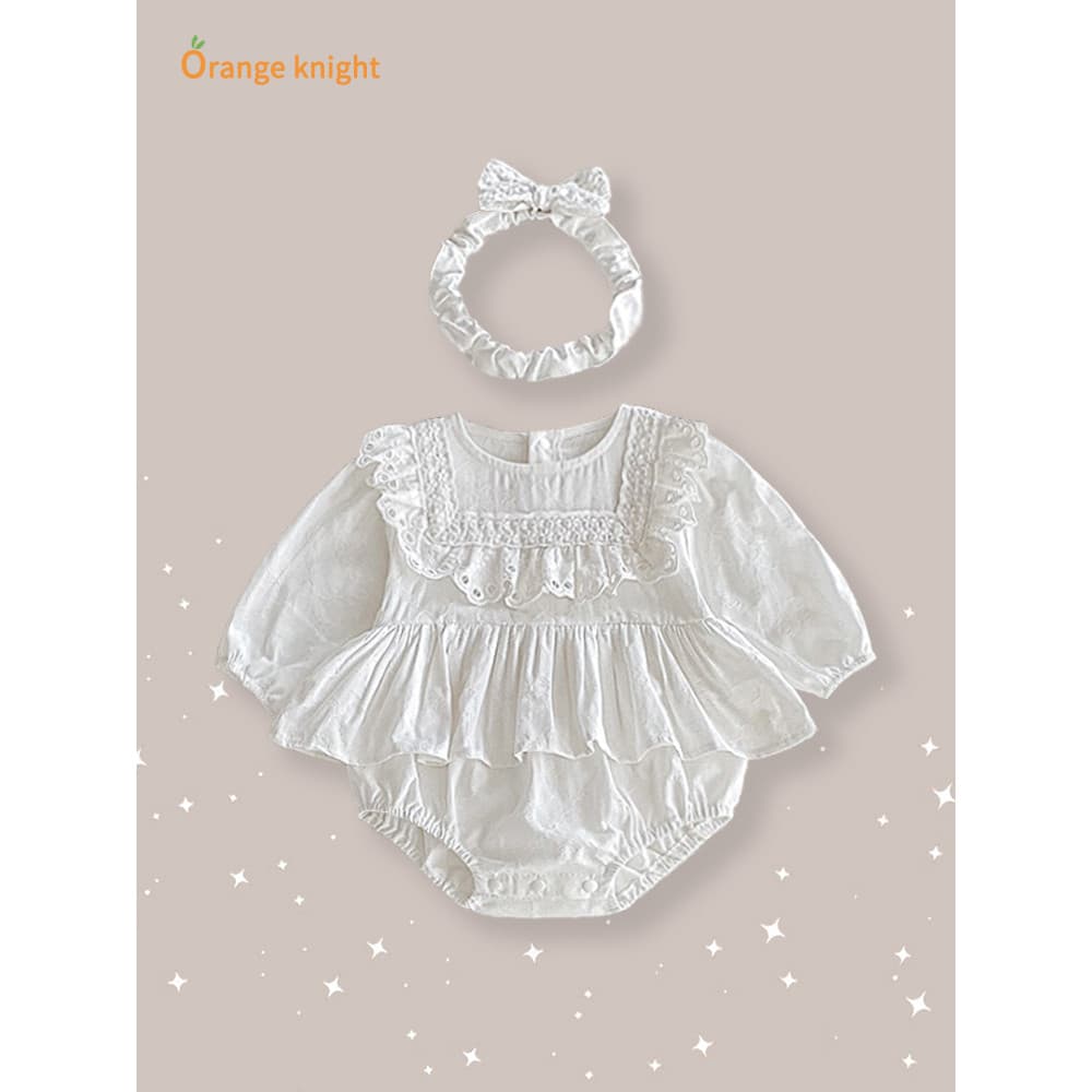 Outono bebê menina roupas doce bebê menina puro branco macacão de manga comprida estilo princesa oco renda Design macacã