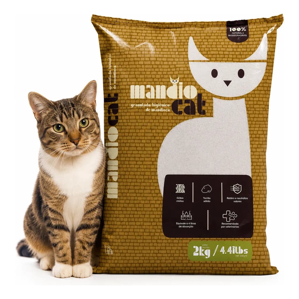 Areia Sanitária Para Gatos Mandiocat 2kg Mandioca Natural Sem Cheiro Biodegradável