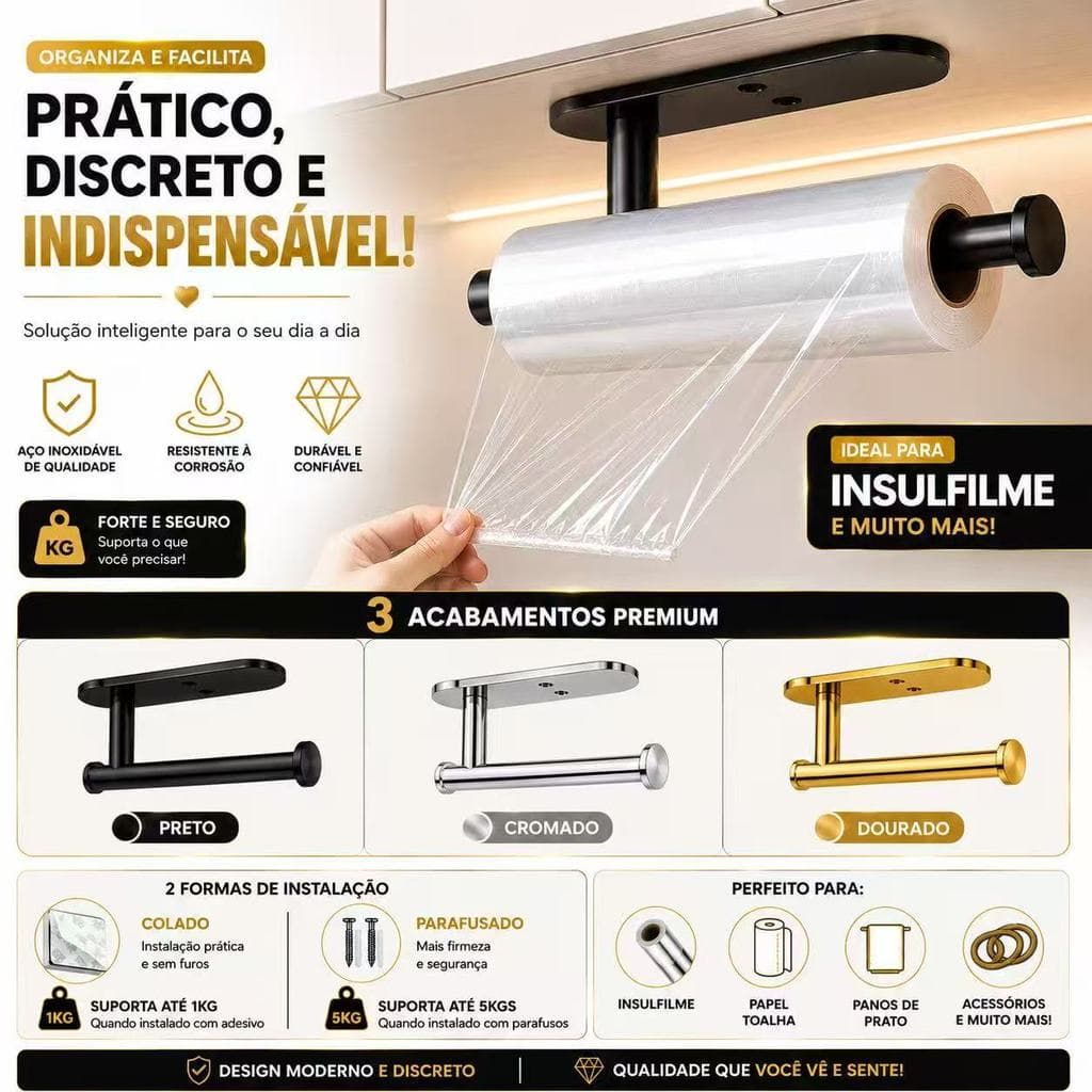 Suporte Organizador Para Cozinha Porta Papel Toalha Higiênico Filme Plástico Pano Elásticos Multiuso ES