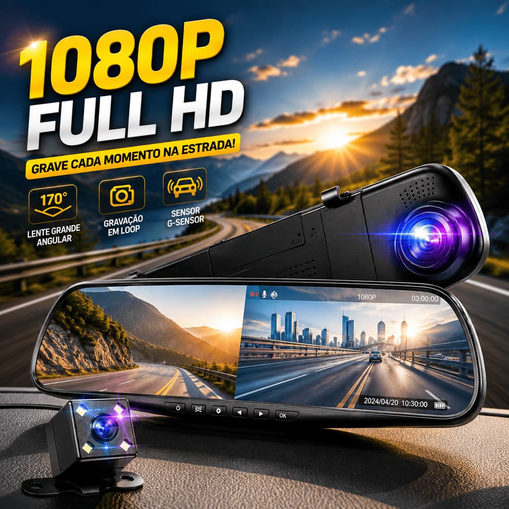 Câmera Retrovisor Dashcam Full HD Gravação Dupla Dianteira E Traseira Visão Noturna Grava Áudio Detecção Movimento Carro