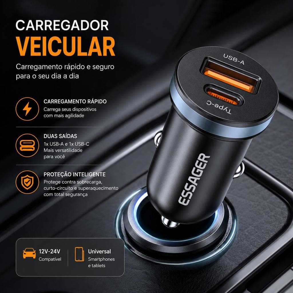 Carregador Veicular Essager USB-A + Type-C Carregamento Rápido