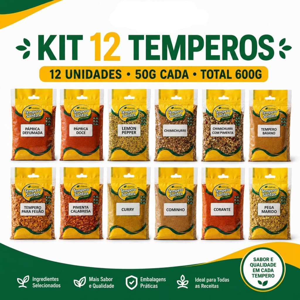 Kit 12 Temperos e Condimentos Puros Essenciais 50g Cada Total 600g - Tempero Santos
