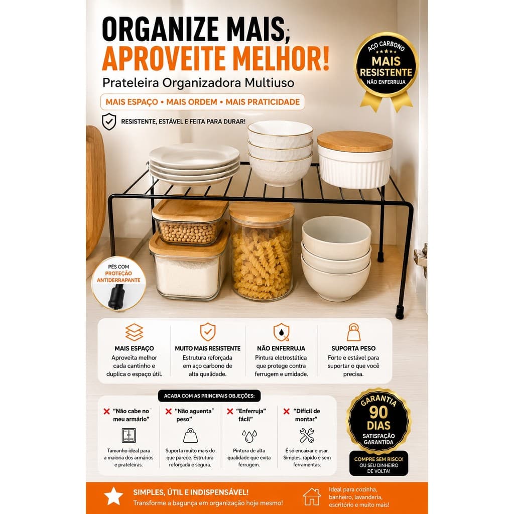 Kit Organizadores Prateleira de Armário Cozinha Porta Panelas Pratos Copos Multiuso Aramado Organizador de Bancada