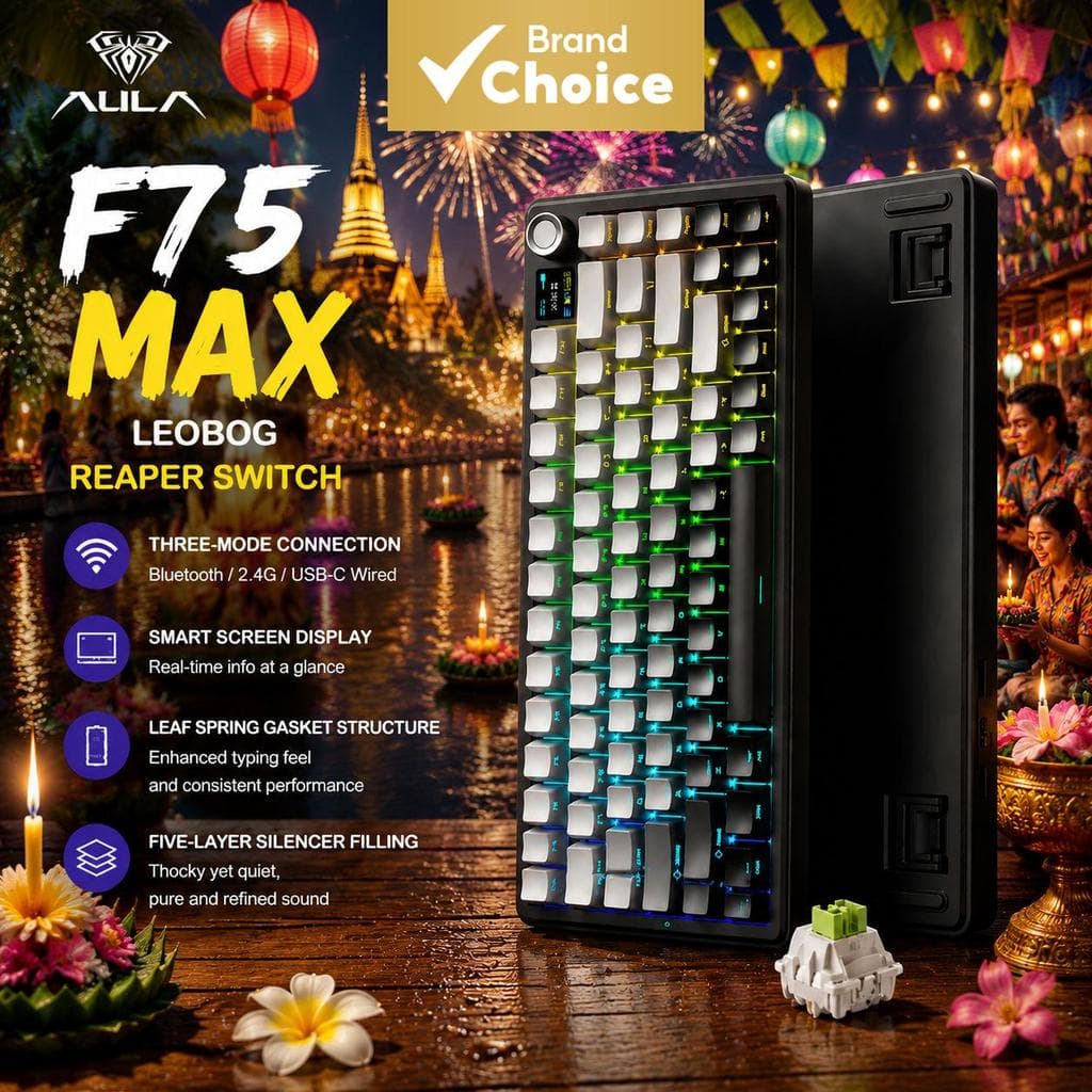 Teclado Mecânico Sem Fio Aula F75 Max, Layout 75%, Design Compacto, Interruptores Substituíveis, Teclado Gamer RGB para