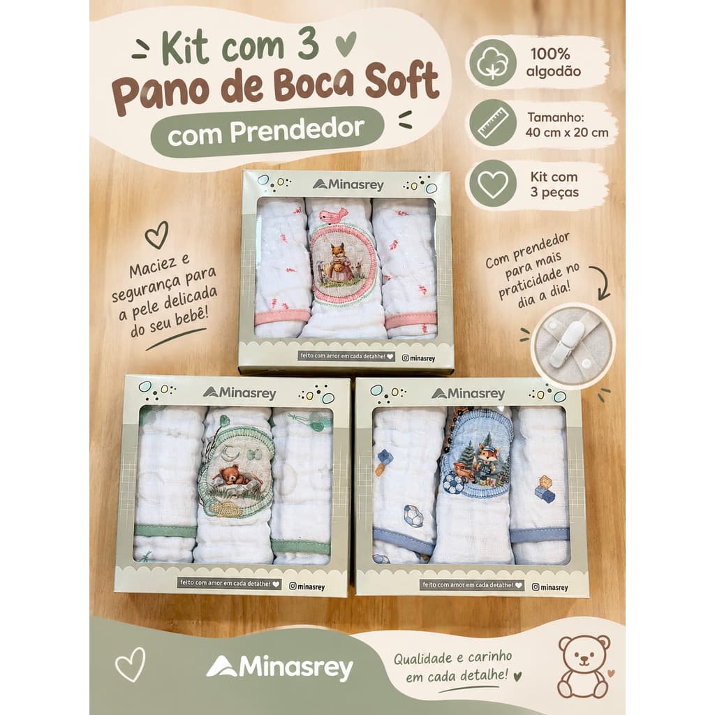 Kit 3 Fraldas Boca Babete Caixa Muito Mimo Minasrey Bordada Soft Algodão Premium Enxoval Bebê Recém Nascido Presente