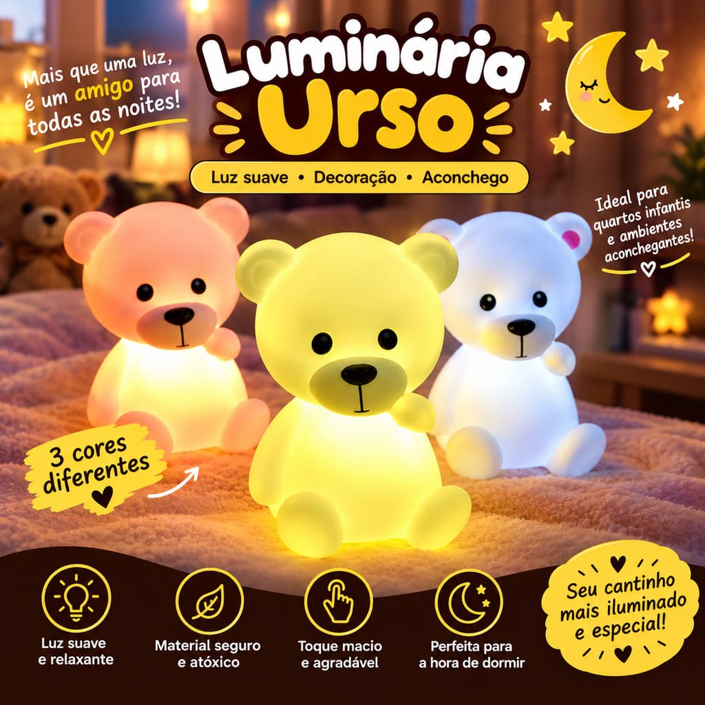 Luminária Urso 12cm LED Infantil Luz Noturna Decoração