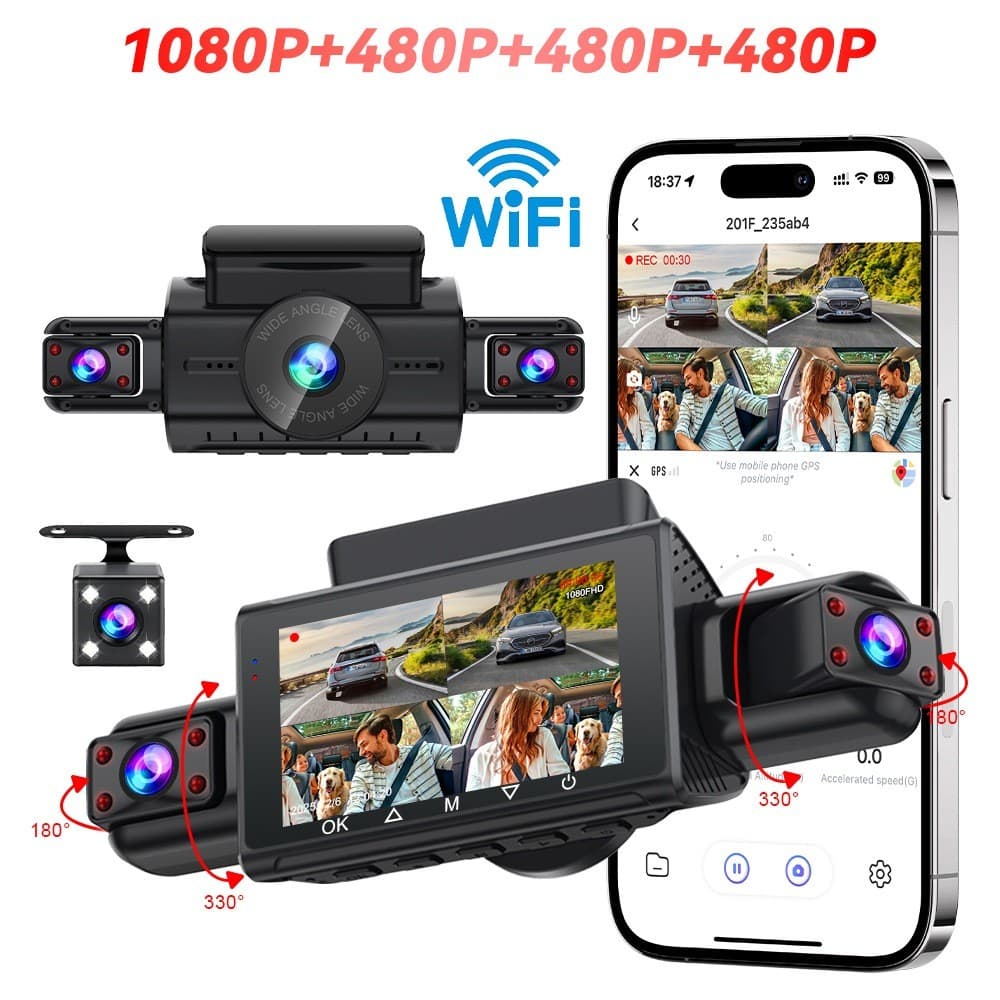 4Ch WiFi Traço Cam Câmera Do Carro Caixa Preta Condução DVR FHD 1080P Frente Esquerda Direita Traseira Visão Noturna Gra