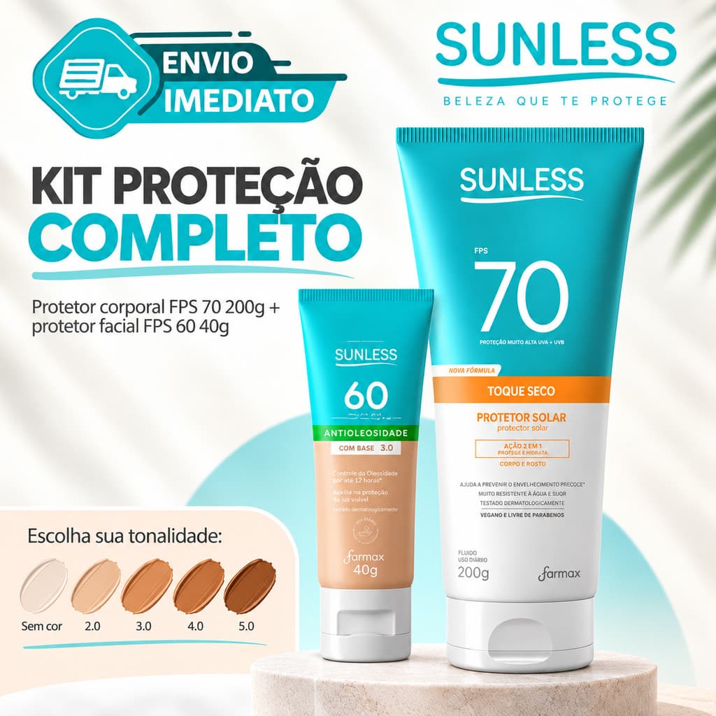 Kit Protetor Solar Sunless FPS70 200g + Protetor Facial FPS60 com Base Antioleosidade Envio Imediato