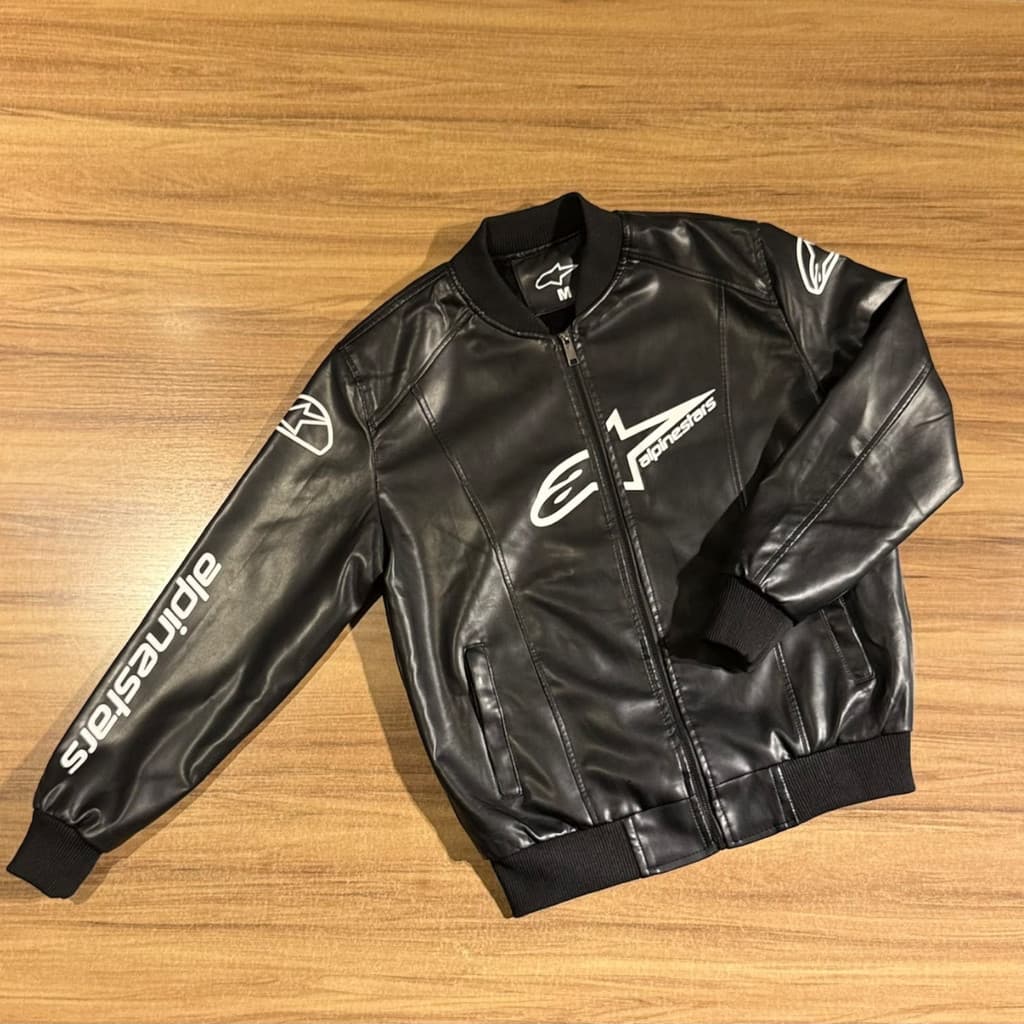 Jaqueta Masculina Efeito Couro Preta Estilo Motociclista Moto Racing com Zíper Casual Esportiva Alpines