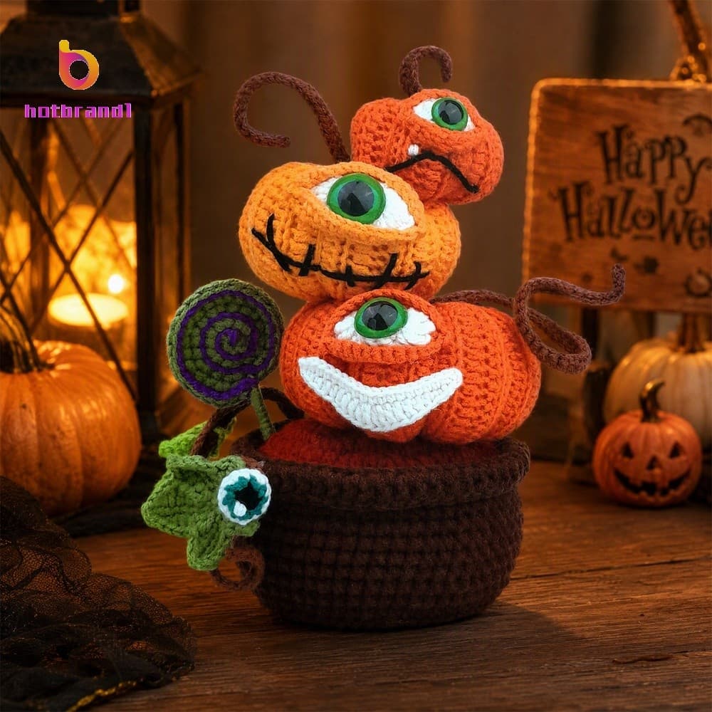 Halloween DIY Amigurumi Crochê Abóbora Plantador Kit Mau Olhado Fio Gancho PP Recheio Tutorial Ilustrado