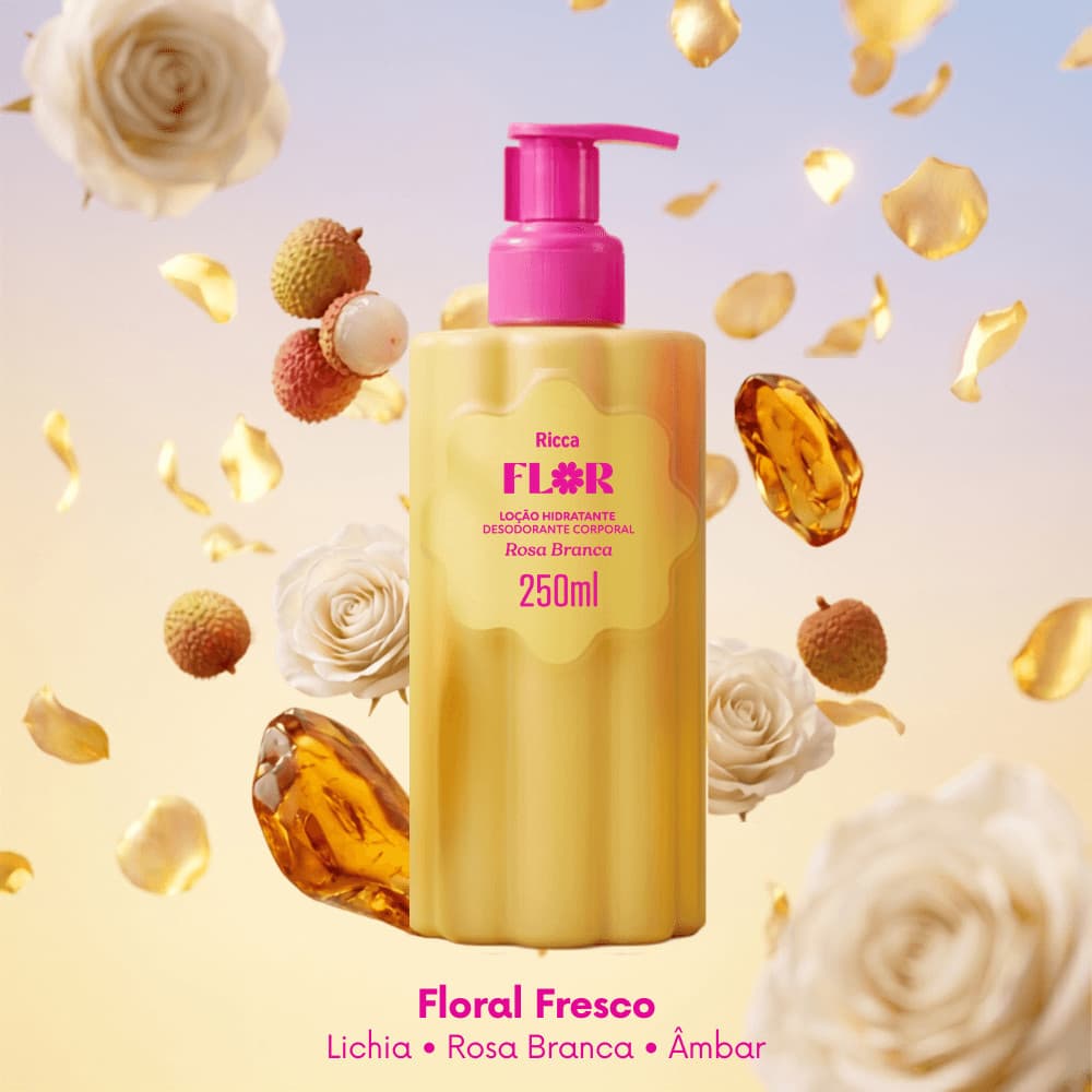 Loção Hidratante Corporal Ricca Flor Rosa Branca 250ml Deo Hidratante Ácido Hialurônico Niacinamida Ceramidas Karité