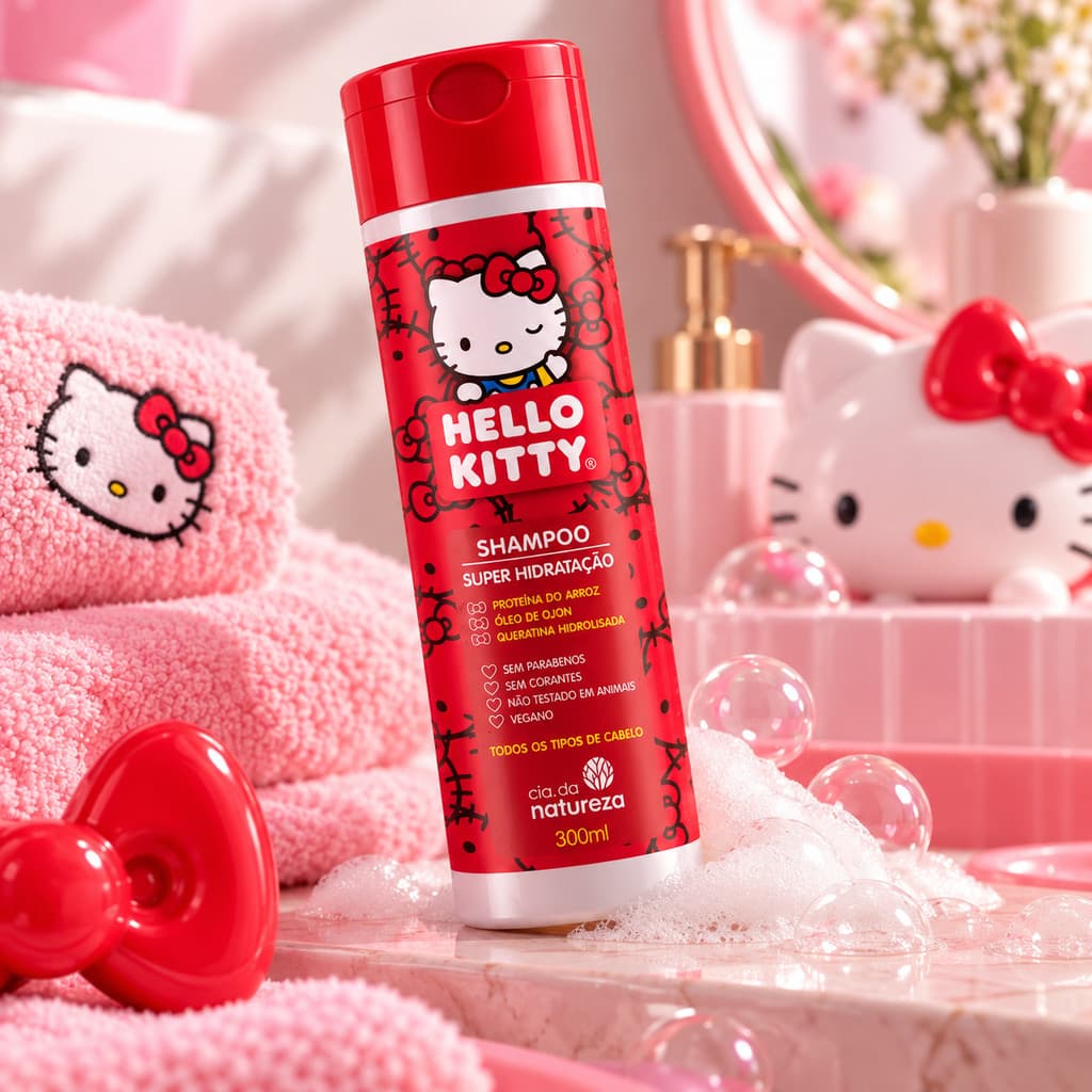 Shampoo Hidratante Hello Kitty Super Hidratação 300ml Cia da Natureza Óleo de Ojon Queratina Proteína do Arroz