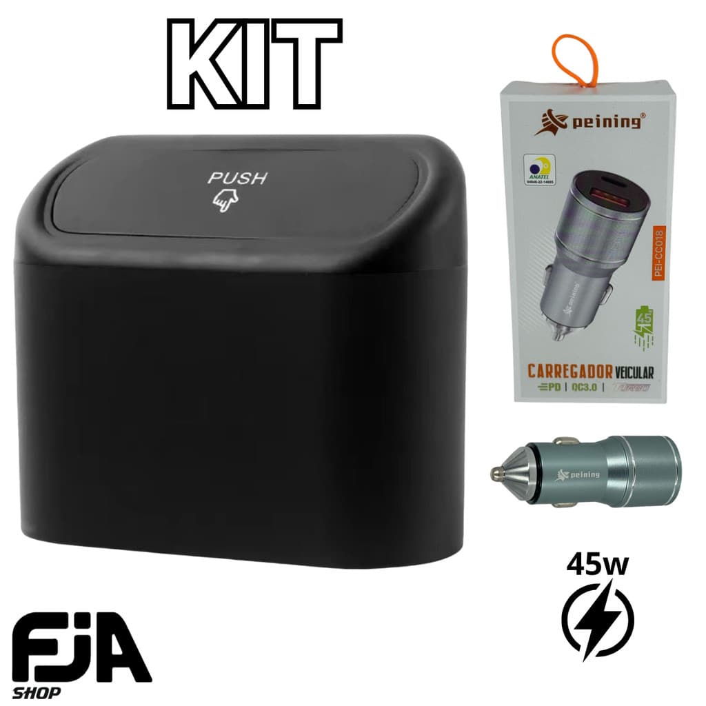 Kit Lixeira para Carro + Carregador Veicular 45W - Lixeira com tampa retrátil preto portátil com carregador veicular