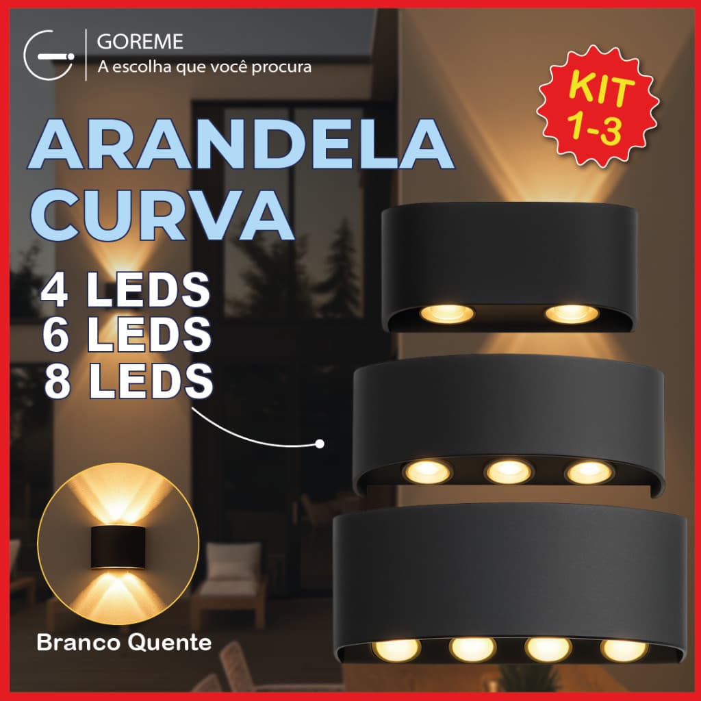 Luminária Arandela Led Meia Lua Curva Parede Luz Quente 4/6/8 LEDS Estrutura Preta