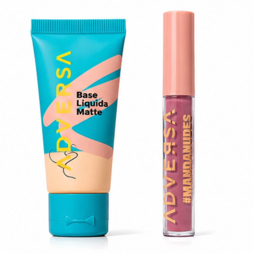 Base Líquida Matte Adversa 050 + Batom Líquido Fechou Manda Nudes Kit Maquiagem Vegana Alta Cobertura