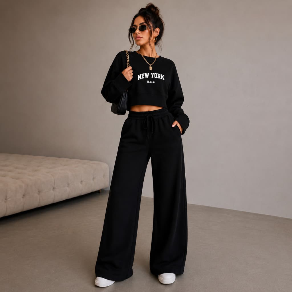 Conjunto Feminino Versatil Calça Wid Leg Moletom+Cropeed Estiloso New York Usa