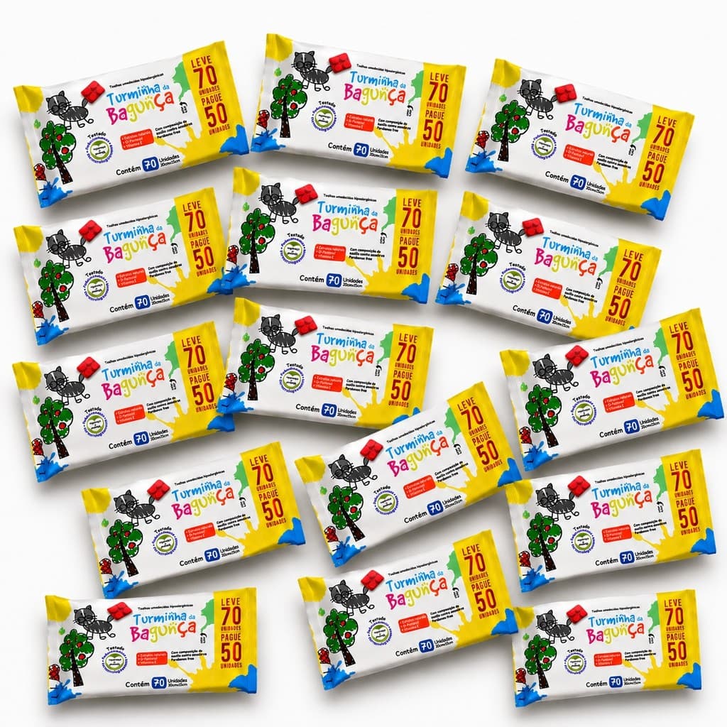 Kit 15 Lenços Umedecido Pague 50 leve 70 folhas – Para Bebê e Pele Sensível – Turminha da Bagunça