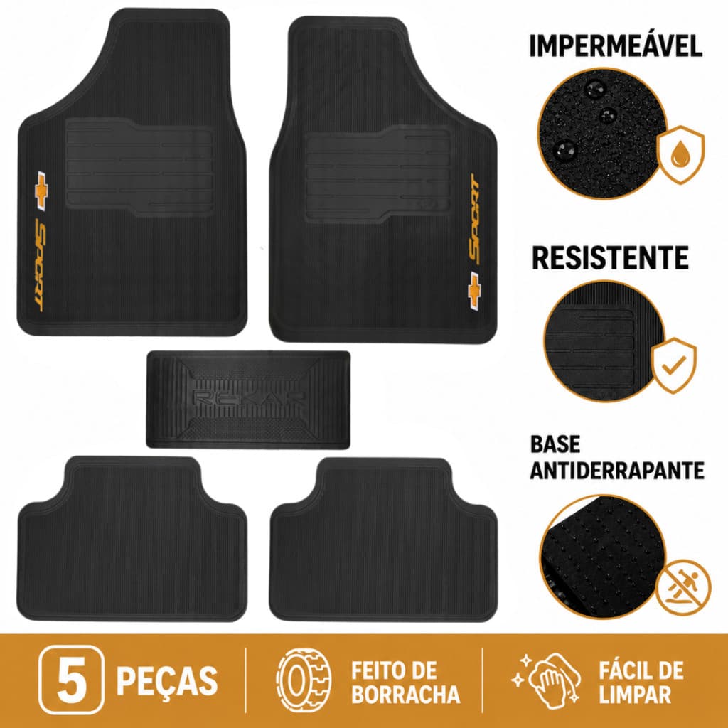 Kit Tapete Automotivo GM 5 Peças Antiderrapante Onix Corsa Tracker S10 Spin Cruze Montana Prisma