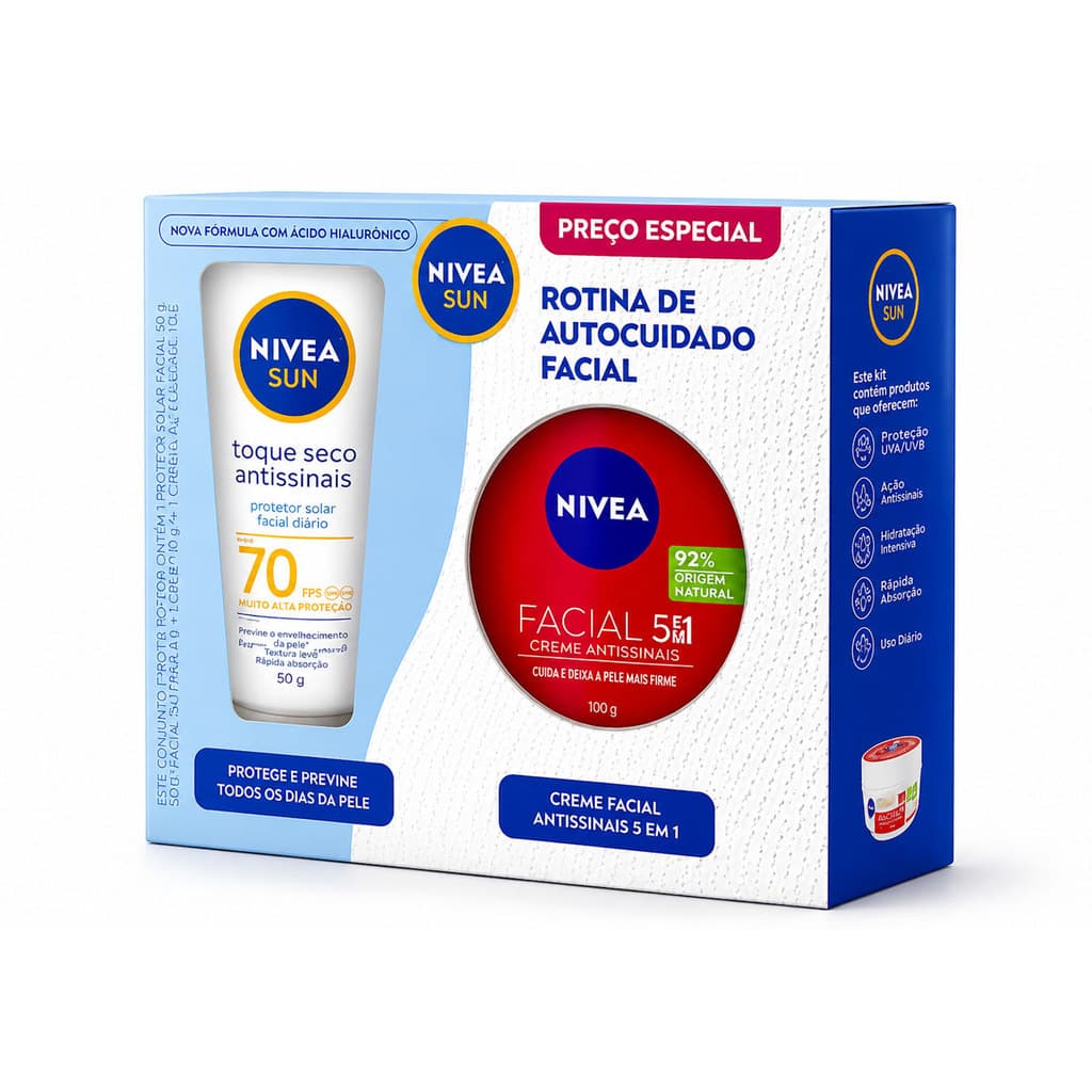 KIT NIVEA PROTETOR FACIAL TOQUE SECO FPS70 + CREME ANTISSINAIS