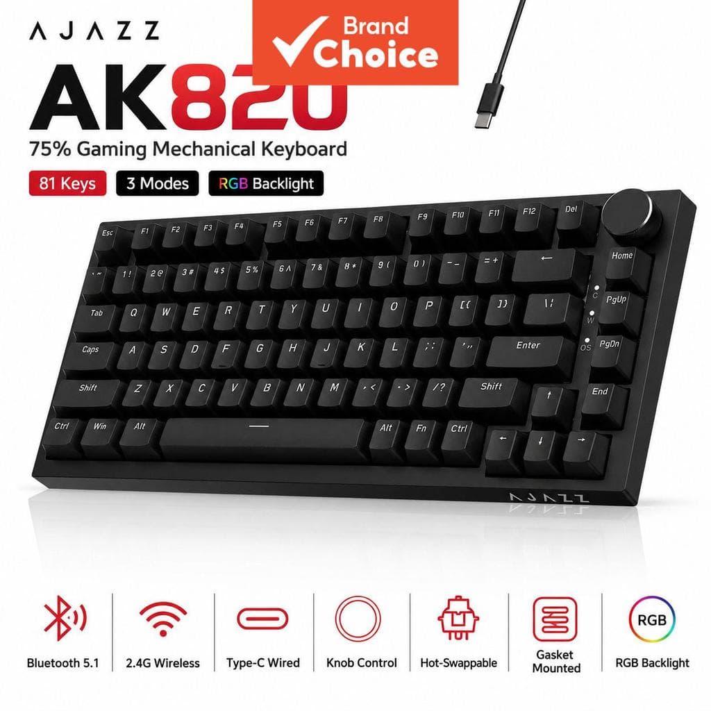 Teclado de Jogos Mecânico Ajazz AK820/AK820 Pro Tri-Modo Bluetooth 5.1 Sem Fio com Fio, Troca a Quente, Amortecedor,