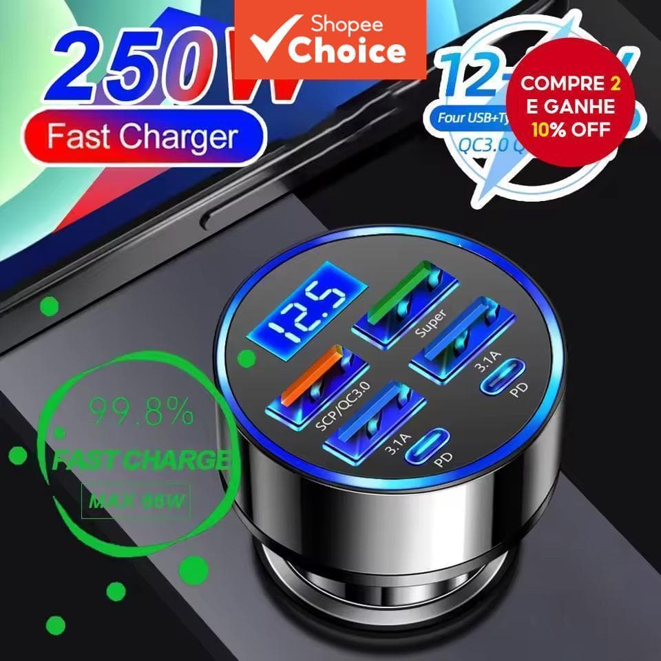 Carregador De Carro USB PD QC3.0 Carregamento Rápido Com Display Digital Isqueiro 6 Portas