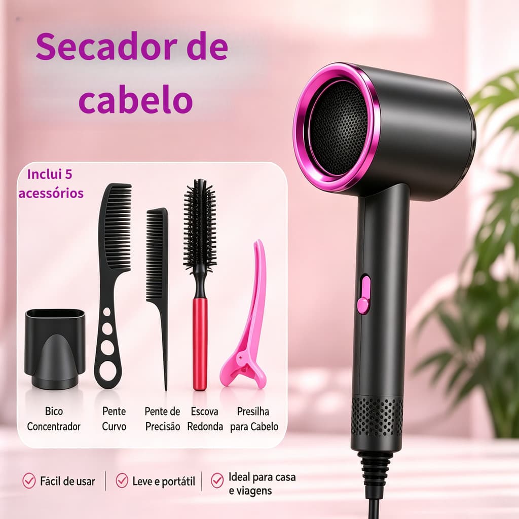 Secador de Cabelo  Alta Velocidade Secador íons negativos Profissional 300W 110V de 2 Minutos Secagem Rápida