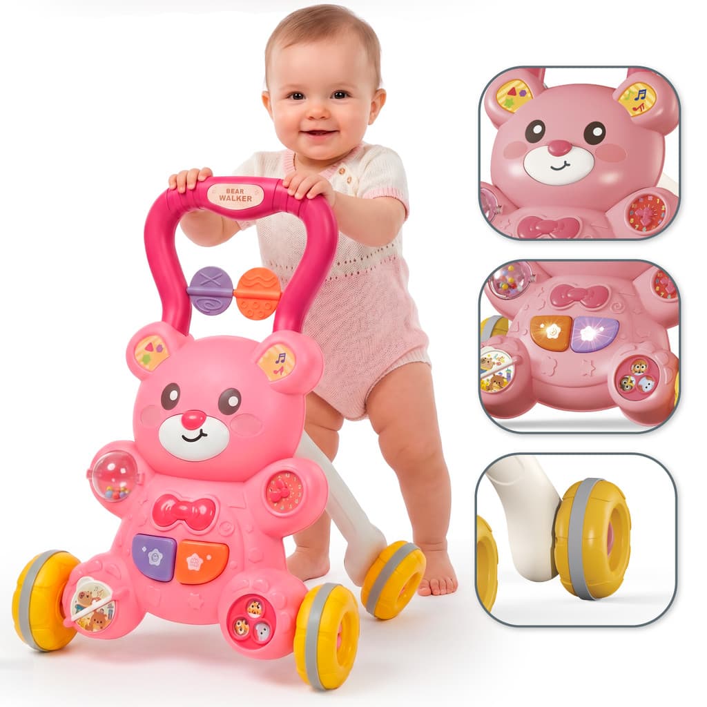 Andador Infantil De Empurrar Didático Ursinho Musical Primeiros Passos Brinquedo Educativo Interativo Para Bebê