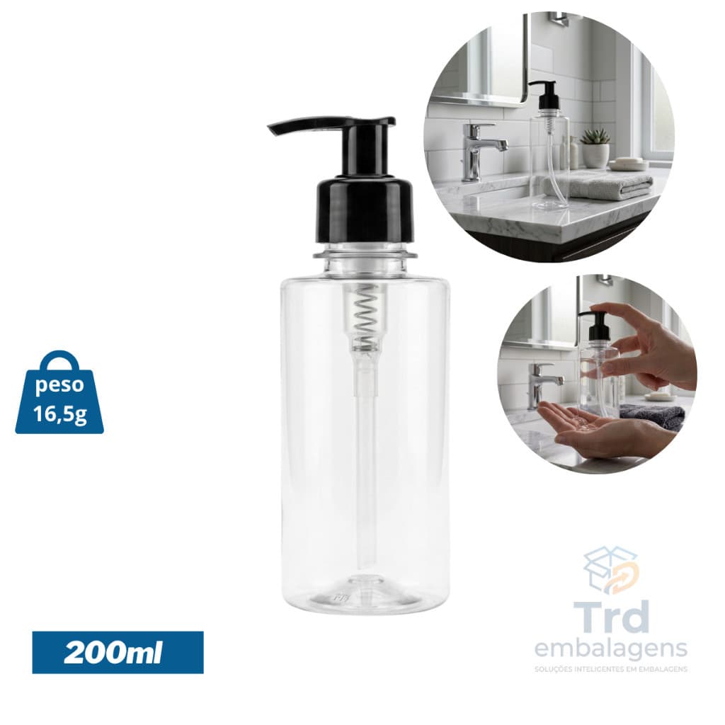 Frasco 200ml Plástico PET c/ Válvula Pump para Sabonete Líquido Kit Banheiro Shampoo Hidratante álcool em Gel