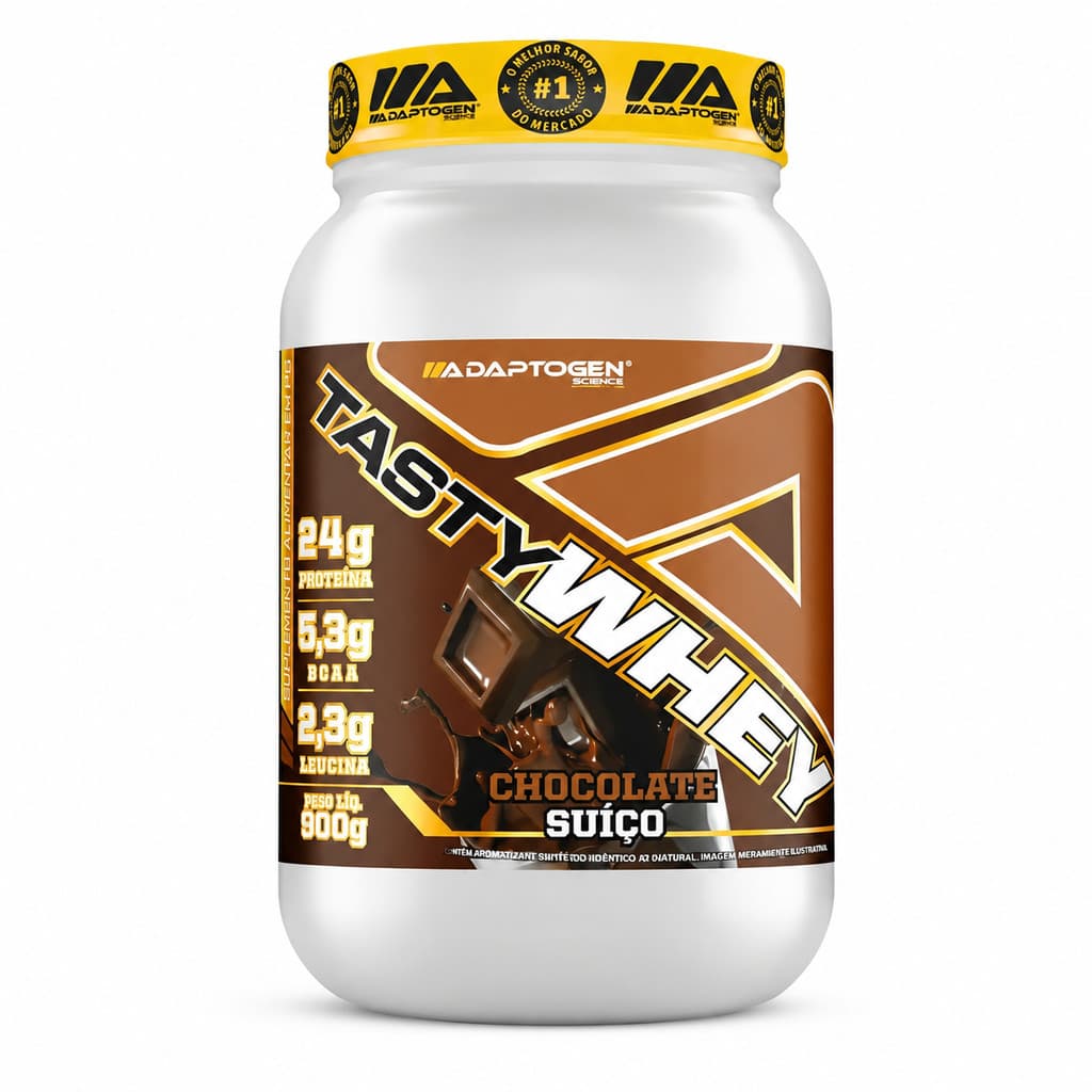 Whey Protein Tasty Whey Chocolate Suíço 900g Adaptogen Sabor Cremoso para Rotina Fitness Pote