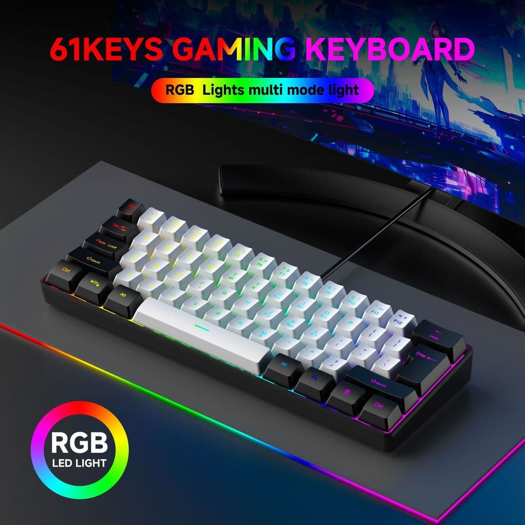2026 Novo estilo 61 teclas RGB jogo teclado e Mouse conjunto colorido MINI filme não mecânico preto branco teclado de co