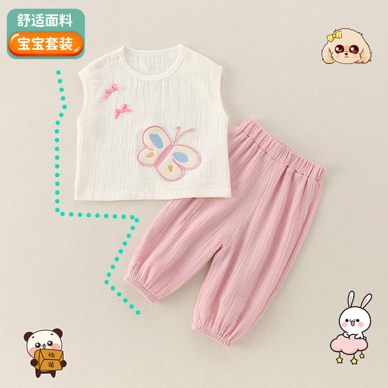 Roupas de bebê verão fino Split terno bebê menino verão sem mangas topo calças verão algodão gaze bebê menina