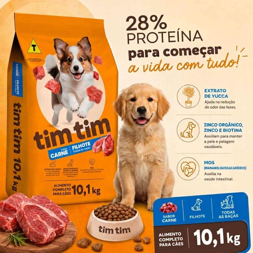 Ração para Cachorro Timtim 10 Kg Cães Filhotes 28% Proteína Dog Premium Sabor Carne