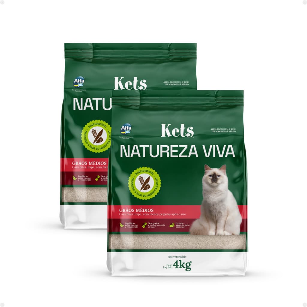 Kit 2 Areia Higiênica Sanitária Gato Mandioca Kets Natureza Viva Grãos Médios 8Kg