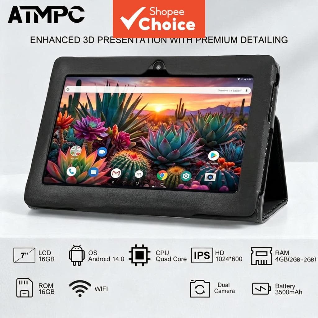 Tablet portátil ATMPC de 7 polegadas com Android 14, 16 GB de armazenamento, tela IPS HD e capa protetora