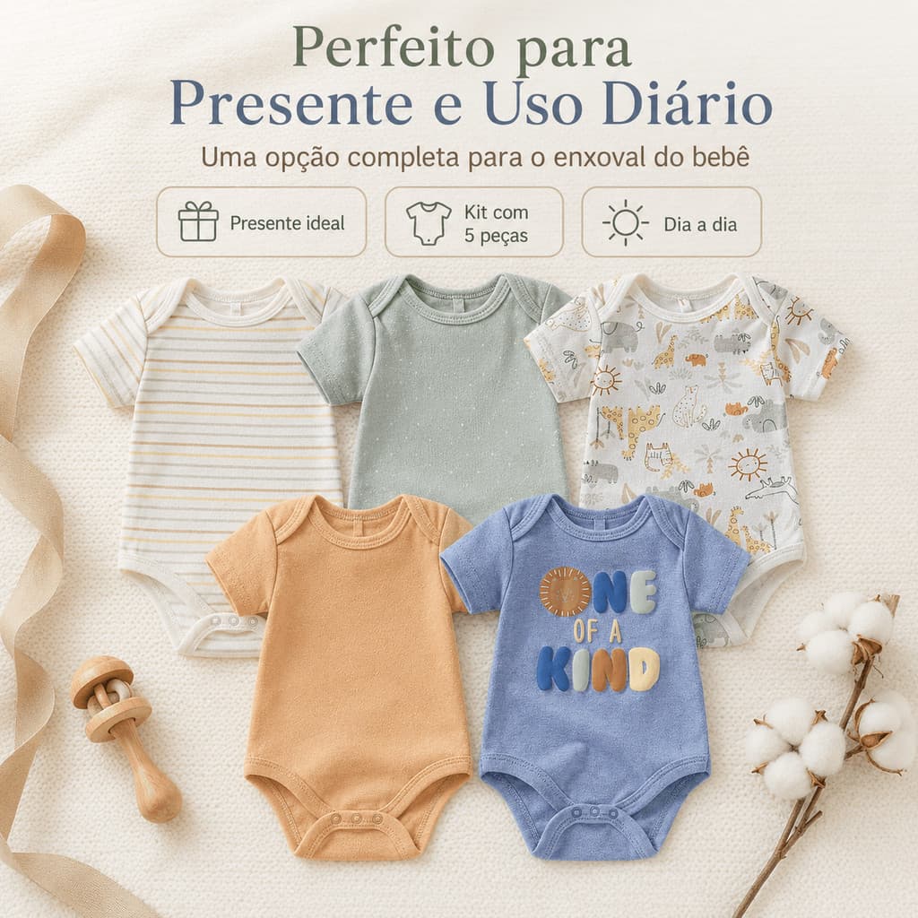 Body Bebê Kit 5 Peças Manga Curta 60% Algodão 40% Poliéster Enxoval Bebê Roupa Infantil Gola Envelope Troca Prática