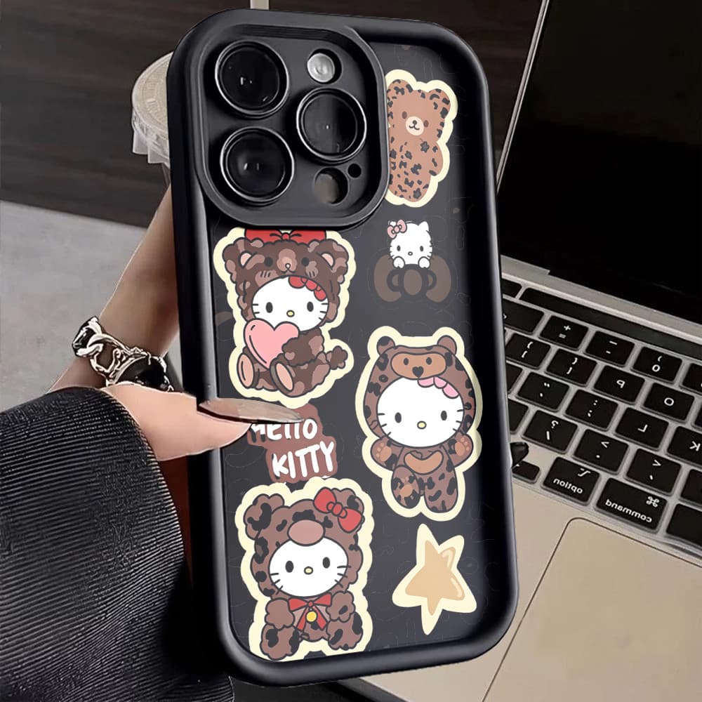 Capinha De Celular Hello Kitty onça Urso Rosa Fofa Y2K Para IPhone XR 11 12 13 14 15 16 17 Pro Max Plus Silicone Macio