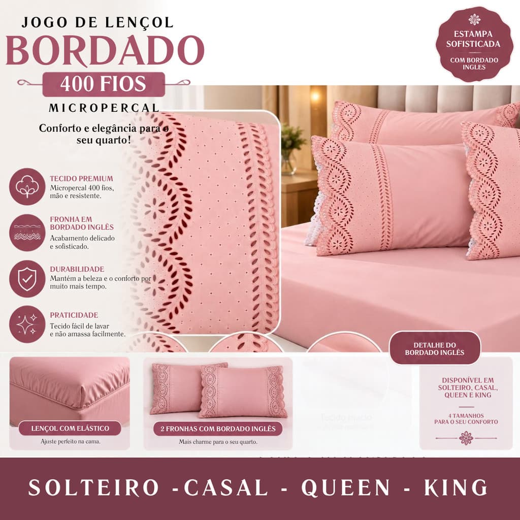 Jogo de Lençol Micropercal 400 Fios com Fronha em Bordado Inglês – Solteiro, Casal, Queen e King