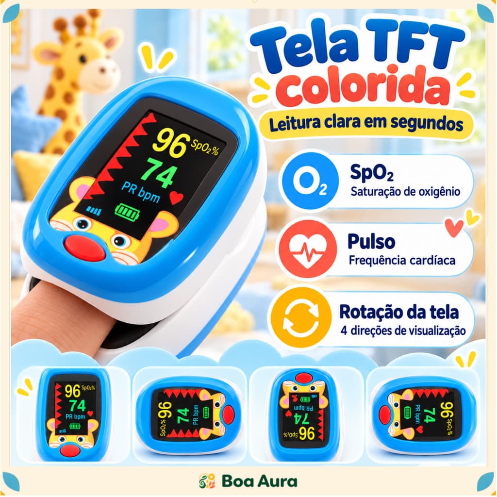 Oxímetro Infantil Pediátrico Recarregável de Dedo SpO2 Pulso Tela TFT Portátil para Uso Diário