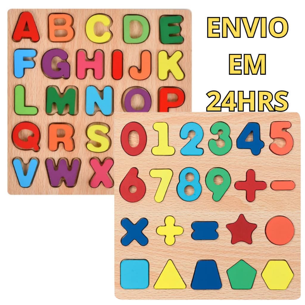 Kit Tabuleiro Educativo Montessoriano de Madeira - Letras, Números e Formas | Brinquedo Pedagógico Infantil