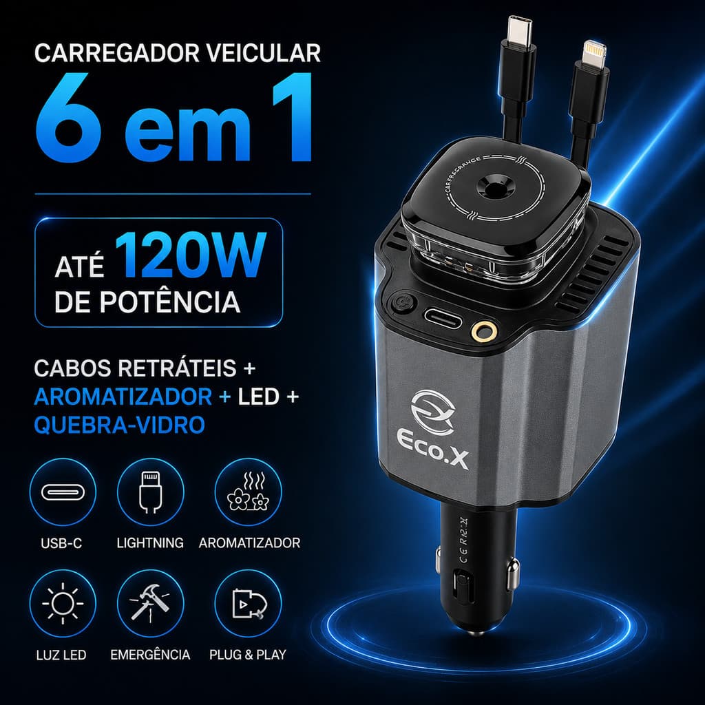 Carregador Veicular 120W 6 Em 1 Com Cabos Retráteis Aromatizador E Luz LED