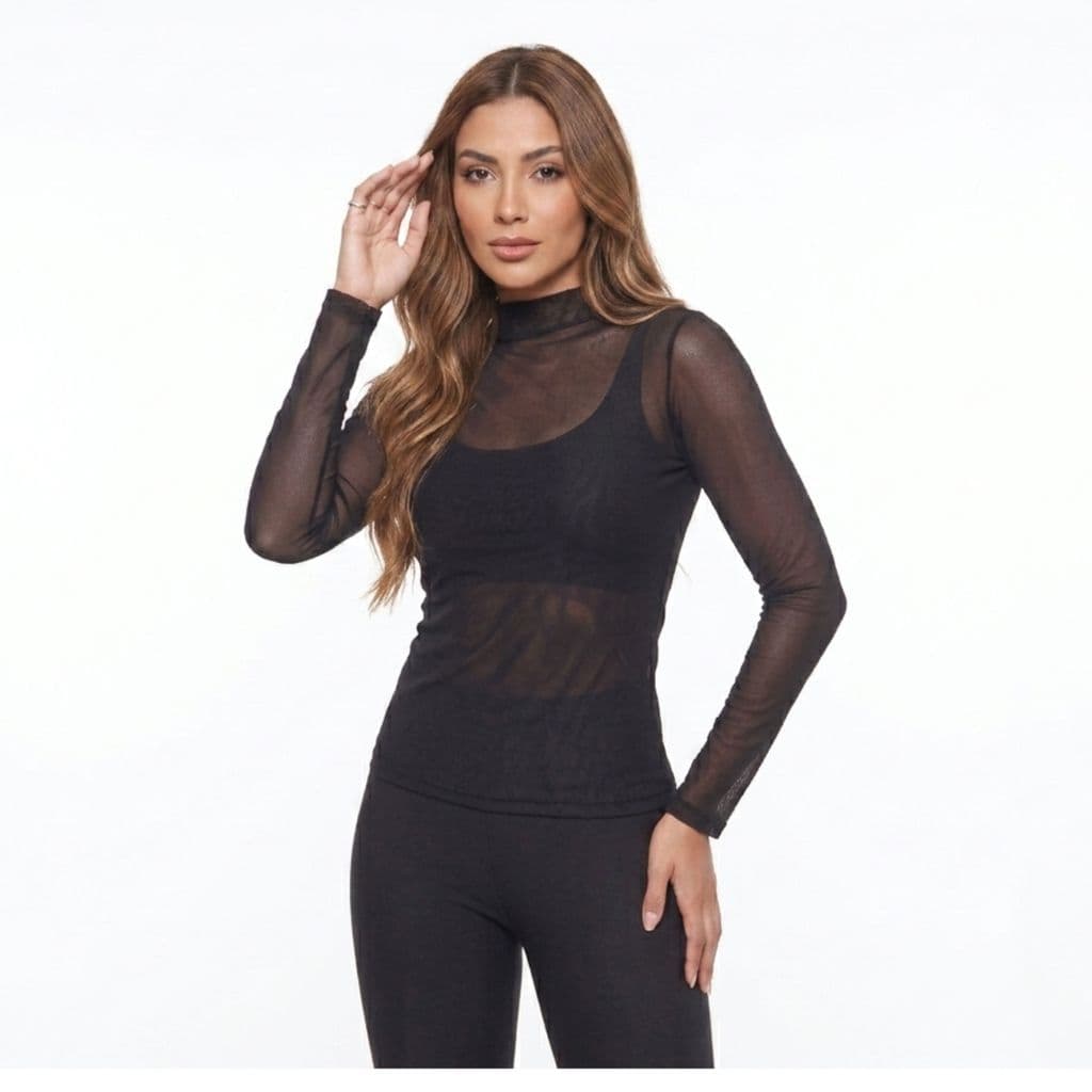 Blusa Tule Luxo Feminina Manga Longa Transparente Segunda Pele Elegante