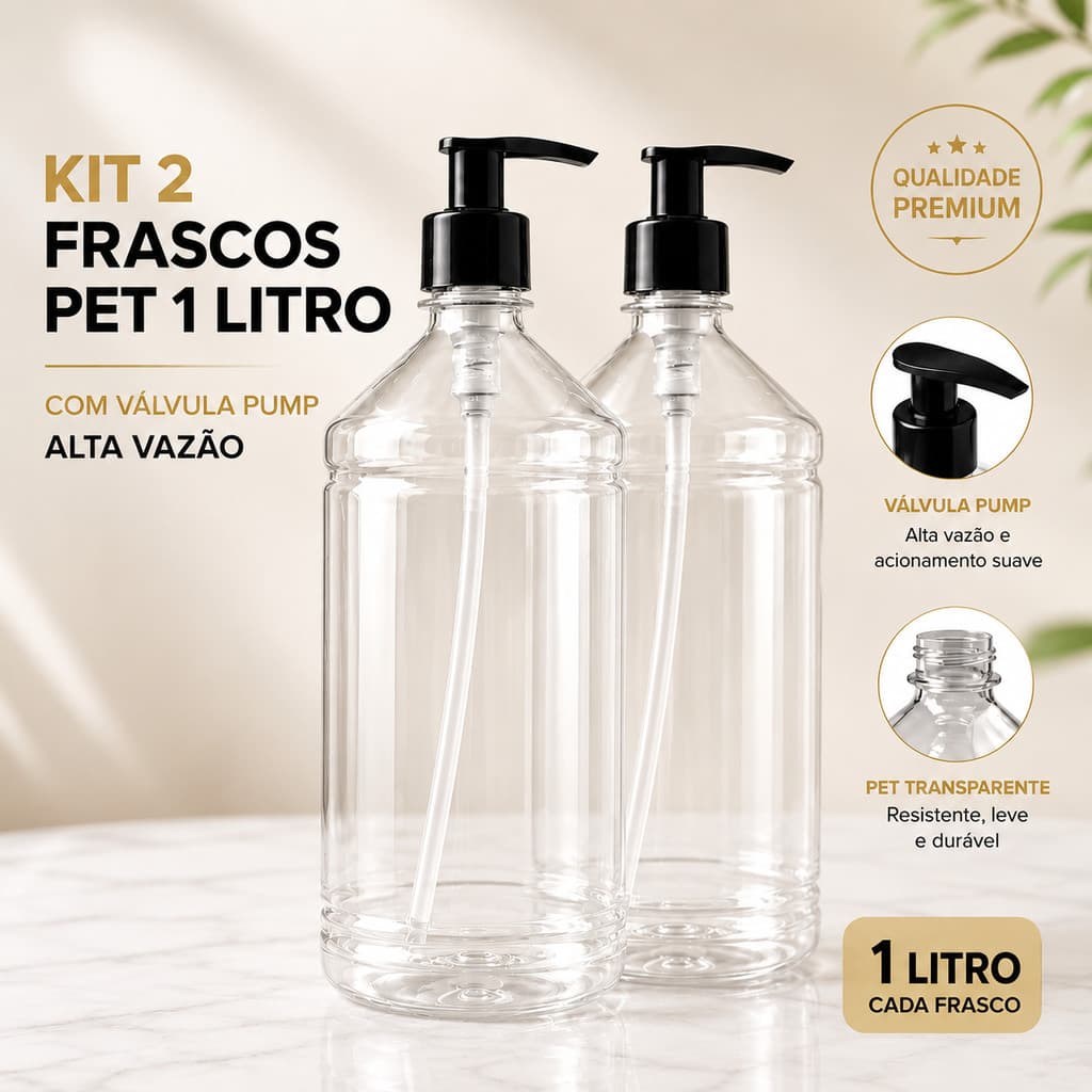 2 Frascos Pet 1L com Dosador Pump Branco para Sabonete Líquido Shampoo Hidratante
