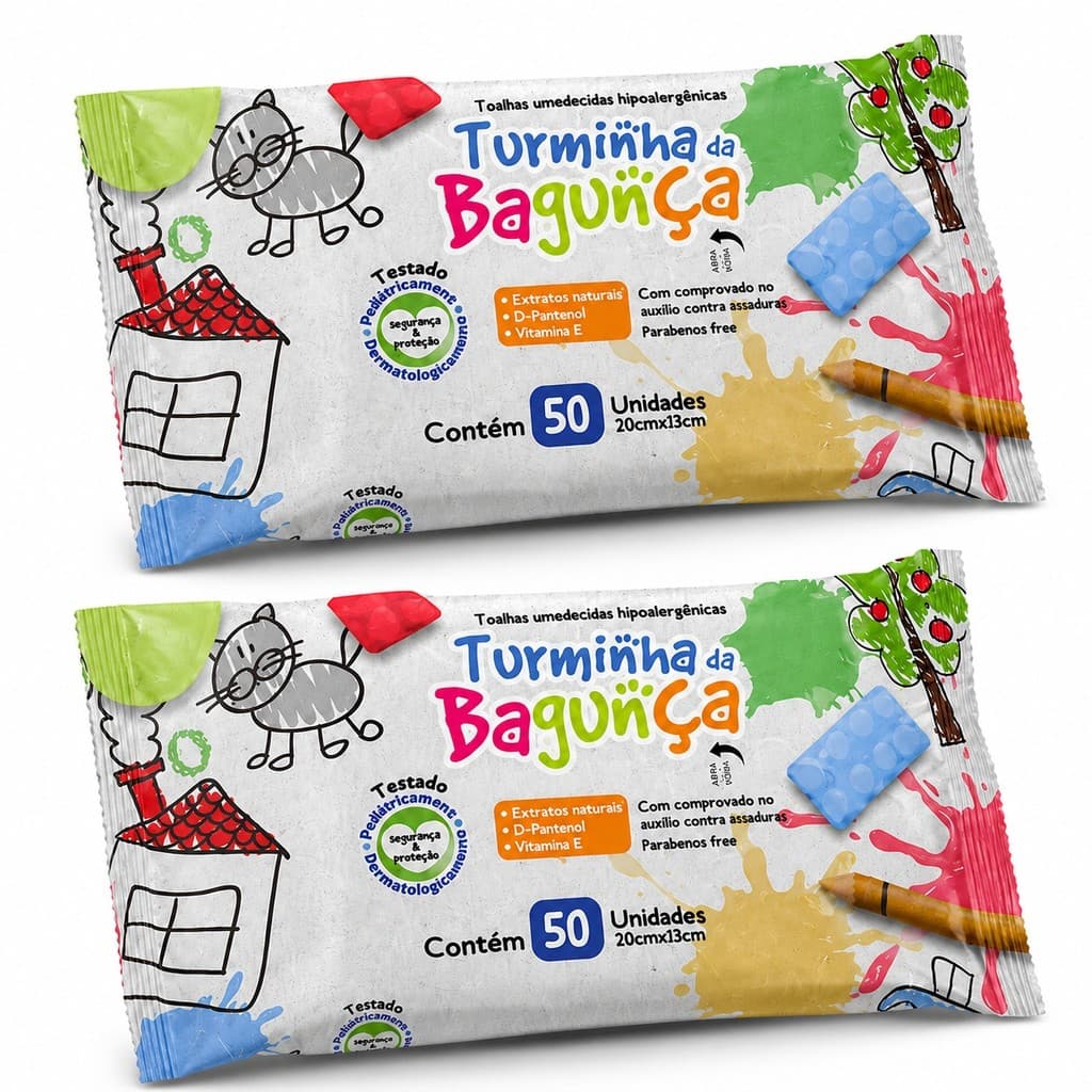 Kit 2 Lenços Umedecido Infantil 50 Folhas - Hidratação Limpeza Suave Bebê - Turminha da Bagunça