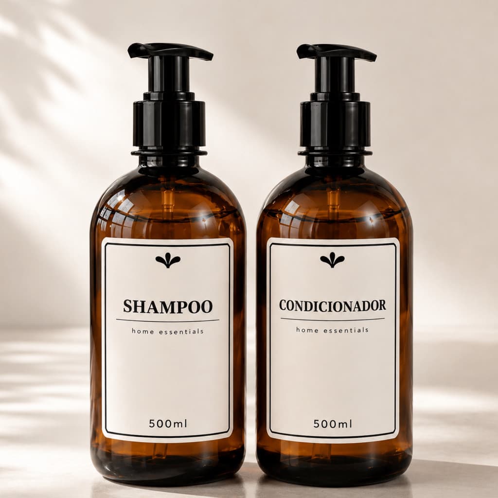 Kit 2 Frascos Shampoo e Condicionador 500ml PET Âmbar com Válvula Pump | Dispenser para Banheiro
