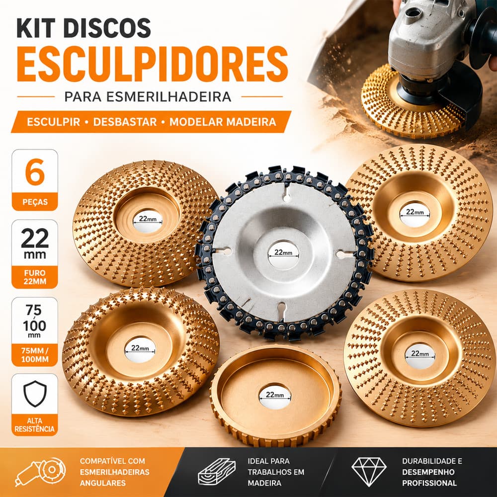 Kit 6 Back Field  Disco Desbaste E Corte Madeira 100mm/75mm P/ Esmerilhadeira Furo 16/22mm