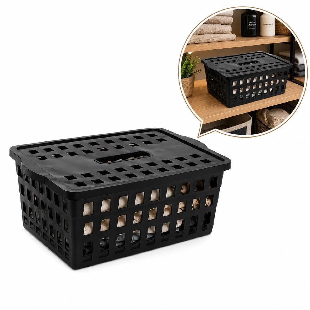 CESTO ORGANIZADOR 5L COM TAMPA PRETO EMPILHÁVEL MULTIUSO PORTA DOCUMENTOS BRINQUEDOS ROUPAS COZINHA BANHEIRO ESCRITÓRIO