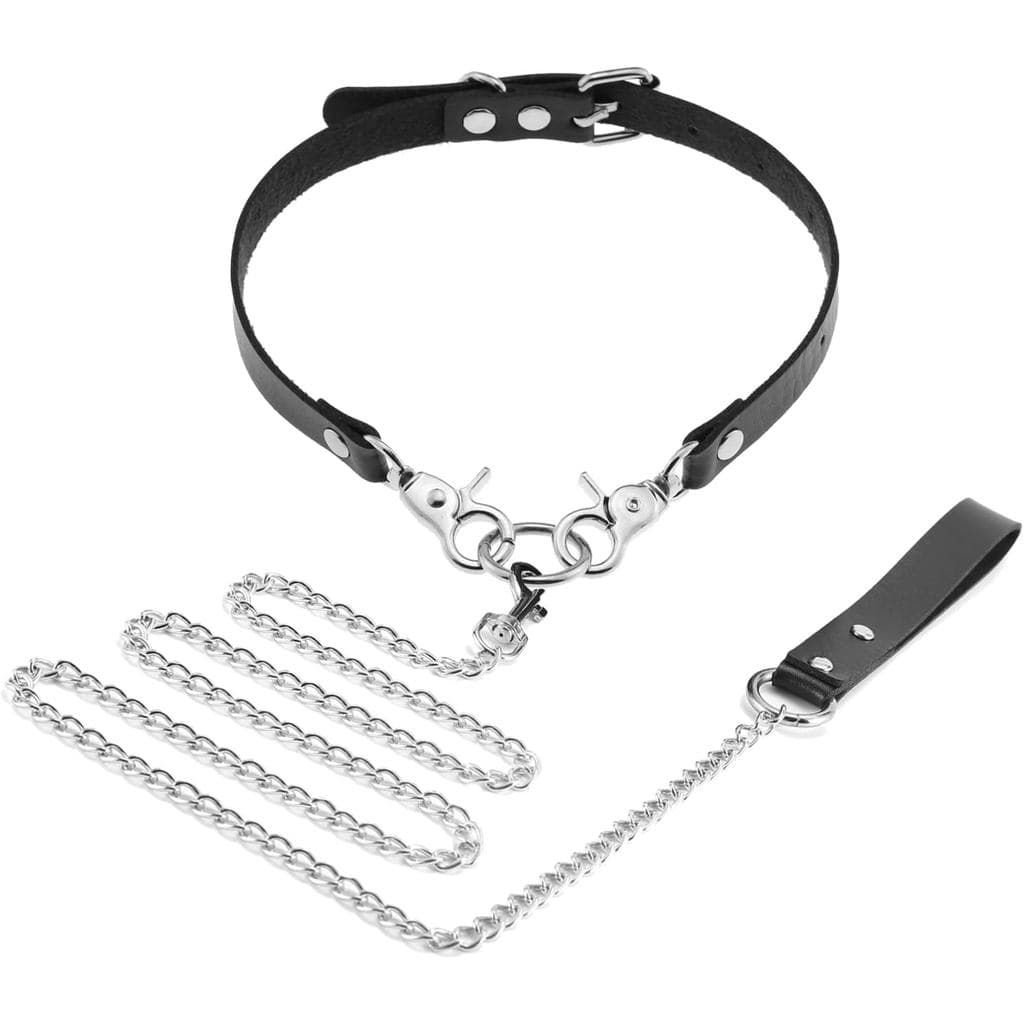 Conjunto de Coleira e Guia para Cães, Coleira de Couro Preta com Corrente para Brincadeiras, Presente Punk Goth para Ani